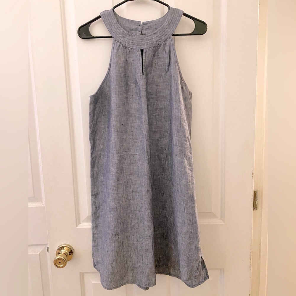Women’s Linen Blue Chambray Sleeveless Midi Sheath Dress